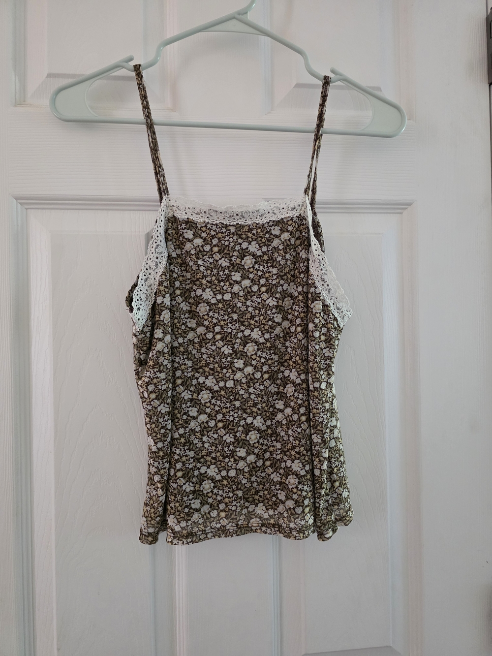 Self Esteem Olive Green Floral Tank with White Lace Trim
